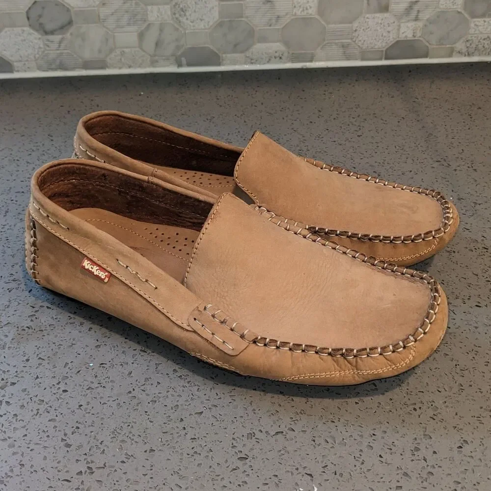 Kickers Men’s Tan Leather Driver Loafers Slip On Shoes EUR 42 US 9